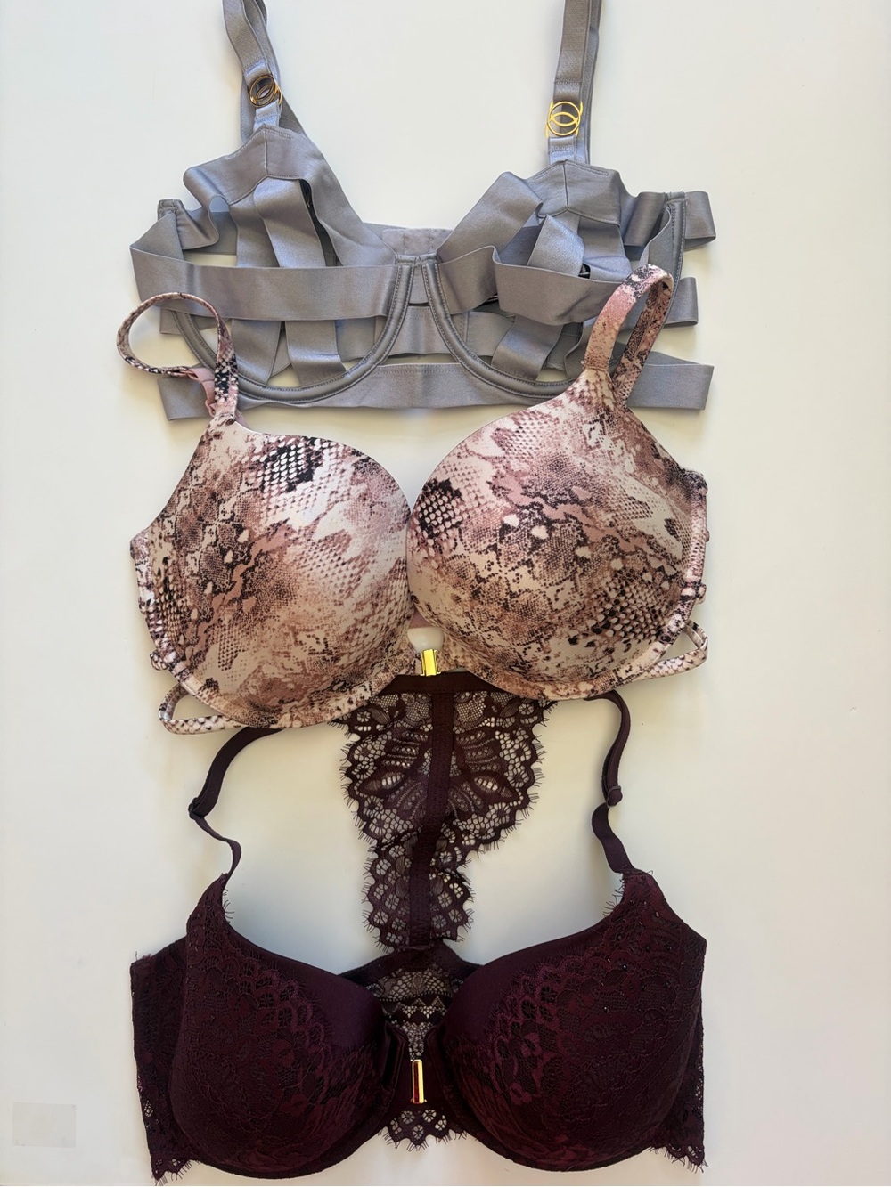 3 pack bundle Bra Set Snake-Print & Lace Push-Up  Gray Pink & Burgundy size 34DD